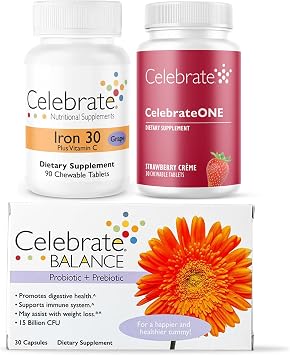 Celebrate Bariatric Essentials Bundle CelebrateONE Multivitamin, Iron with Vitamin C Chewables, Balance Probiotic + Prebiotic Complete Nutritional & Digestive Support for WLS Patients