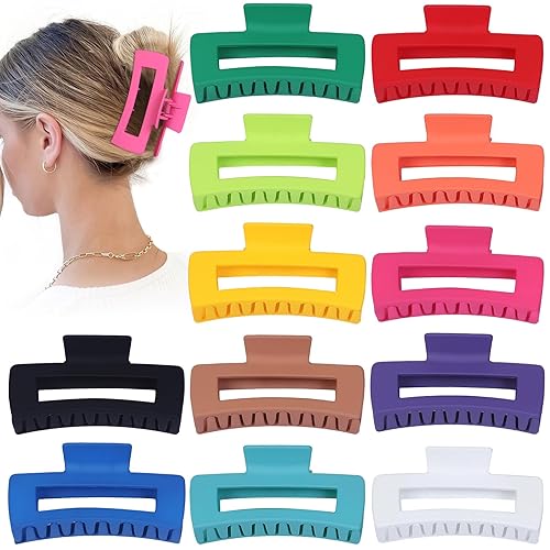 Sisiaipu 4.1 Inch Jumbo Claw Clips for Thick Hair - 12 Pcs Square Hair Accessories for Women and Girls - Dopamine - Dopamine