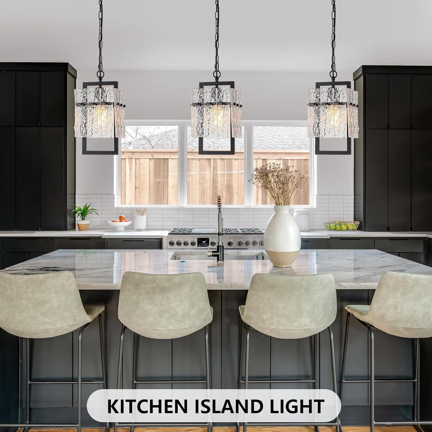 Chandelier with Linen Shade, Black Dining Room Light Fixtures Over Table,Modern Black Pendant Lights Kitchen Island