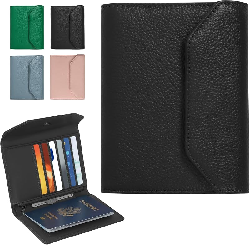 Porta pasaporte de cuero para viajes, porta pasaporte Rfid protege la seguridad de su tarjeta, porta pasaporte para hombres y mujeres, billetera de viaje con ranura para tarjetas y bolígrafo, tarjeta de embarque, bolsillo para efectivo con cremallera (negro)