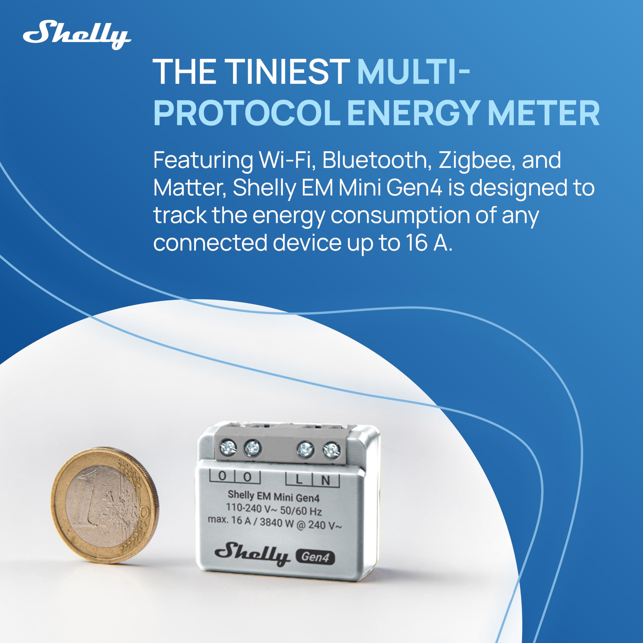 Shelly EM Mini Gen4 - Misuratore di Potenza Intelligente WiFi, 1 Canale, 16A, Domotica, Nessun Interruttore a Relè, Monitora il Consumo di Energia, Matter, Zigbee, Alexa & Google (2 Pezzi)