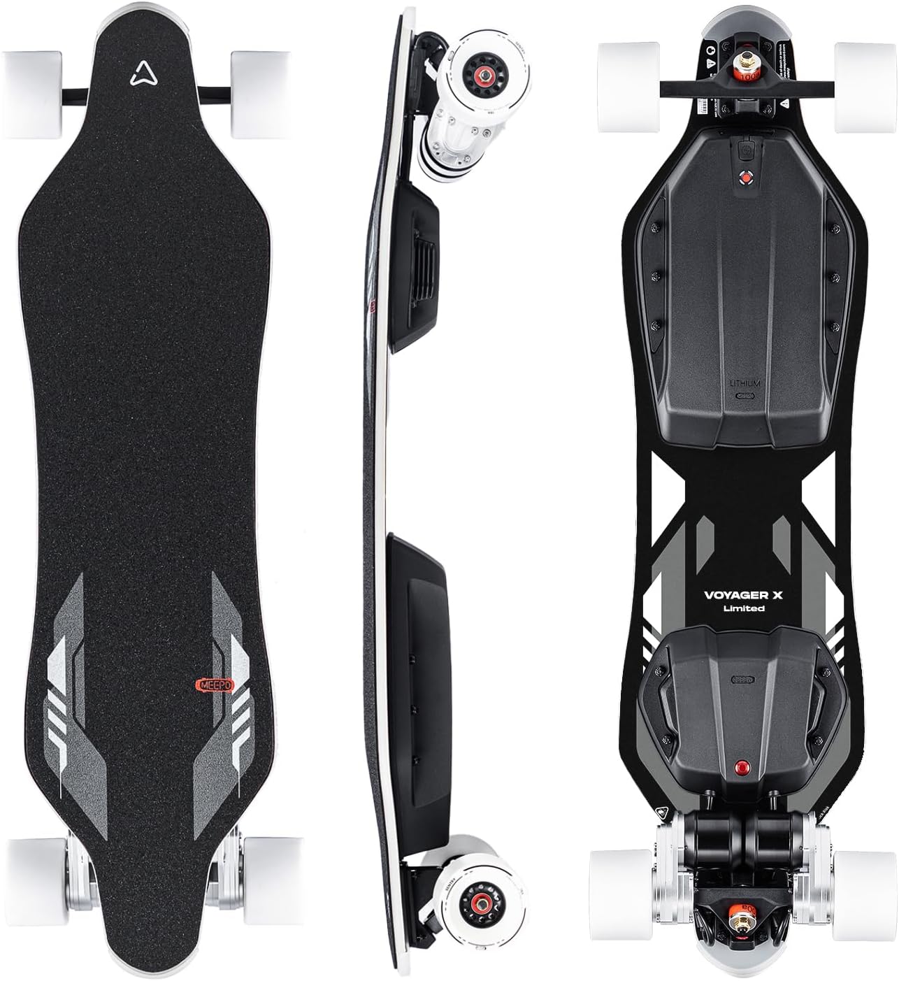 MEEPO Voyager X Electric Longboard top, side, and bottom view
