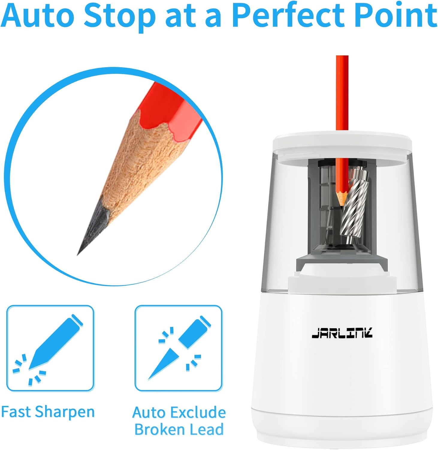 JARLINK Electric Pencil Sharpener, Heavy-Duty Helical Blade to Fast Sharpen, Auto Stop for No.2/Colored Pencils(6-8mm), AC Adapter/Battery Operated in School Classroom/Office/Home (White)