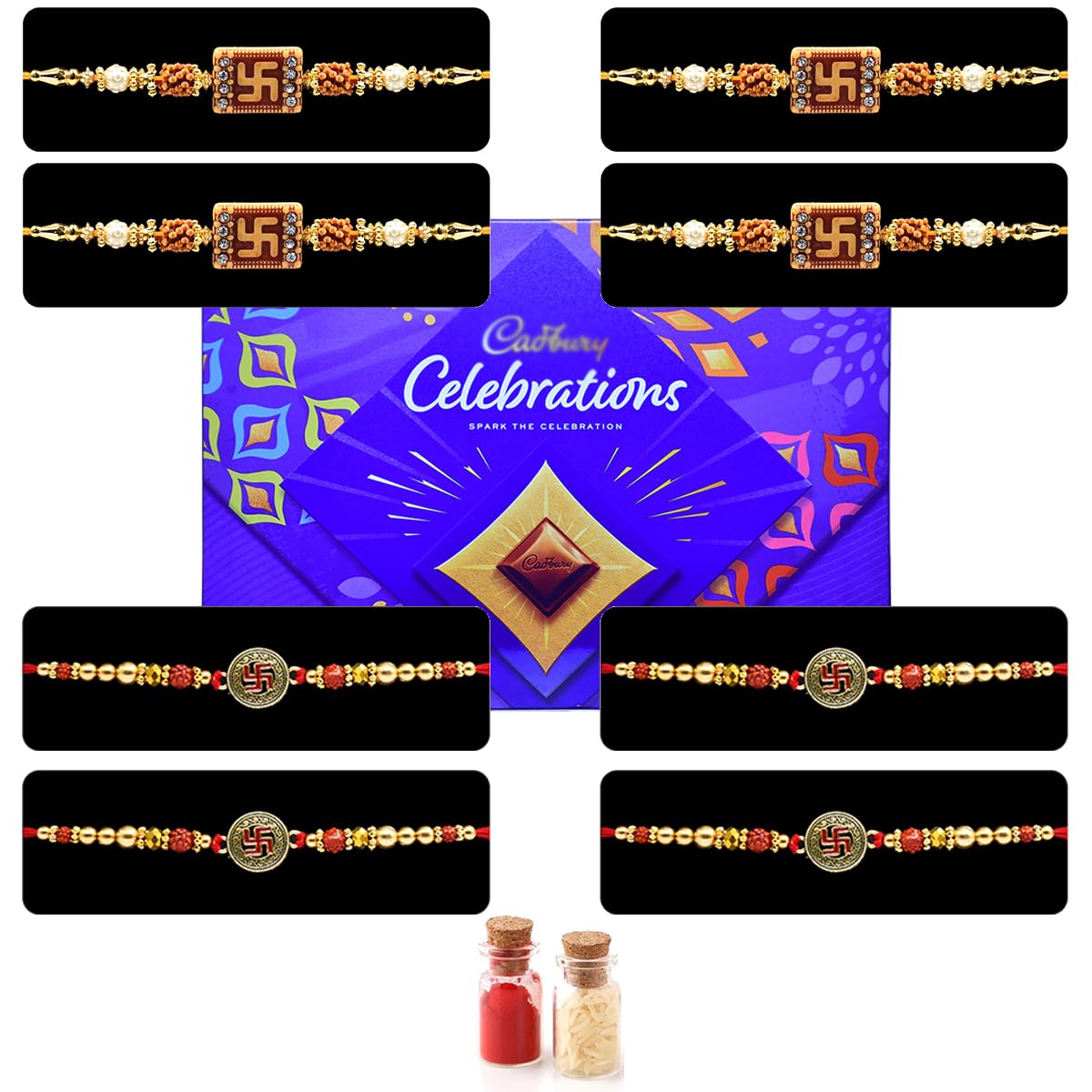 Saugat Traders Swastik Rakhi Set of 8 - Rakhi for Brother with Chocolate Pack | Om Rakhi with Roli Chawal Chopra - Religious Rakhis - Rakshabandhan Gift Combo-image-22