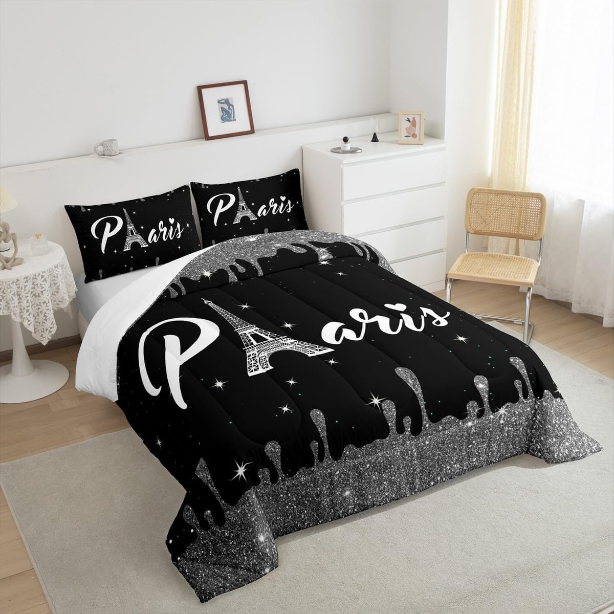 Manfei Eiffel Tower Comforter Set Twin Size, Silver Grey Glitter Bedding Set 2pcs for Kids Girls Adults Room Decor, Paris Theme Black Down Comforter Soft Polyester Quilt Set with 1 Pillowcase