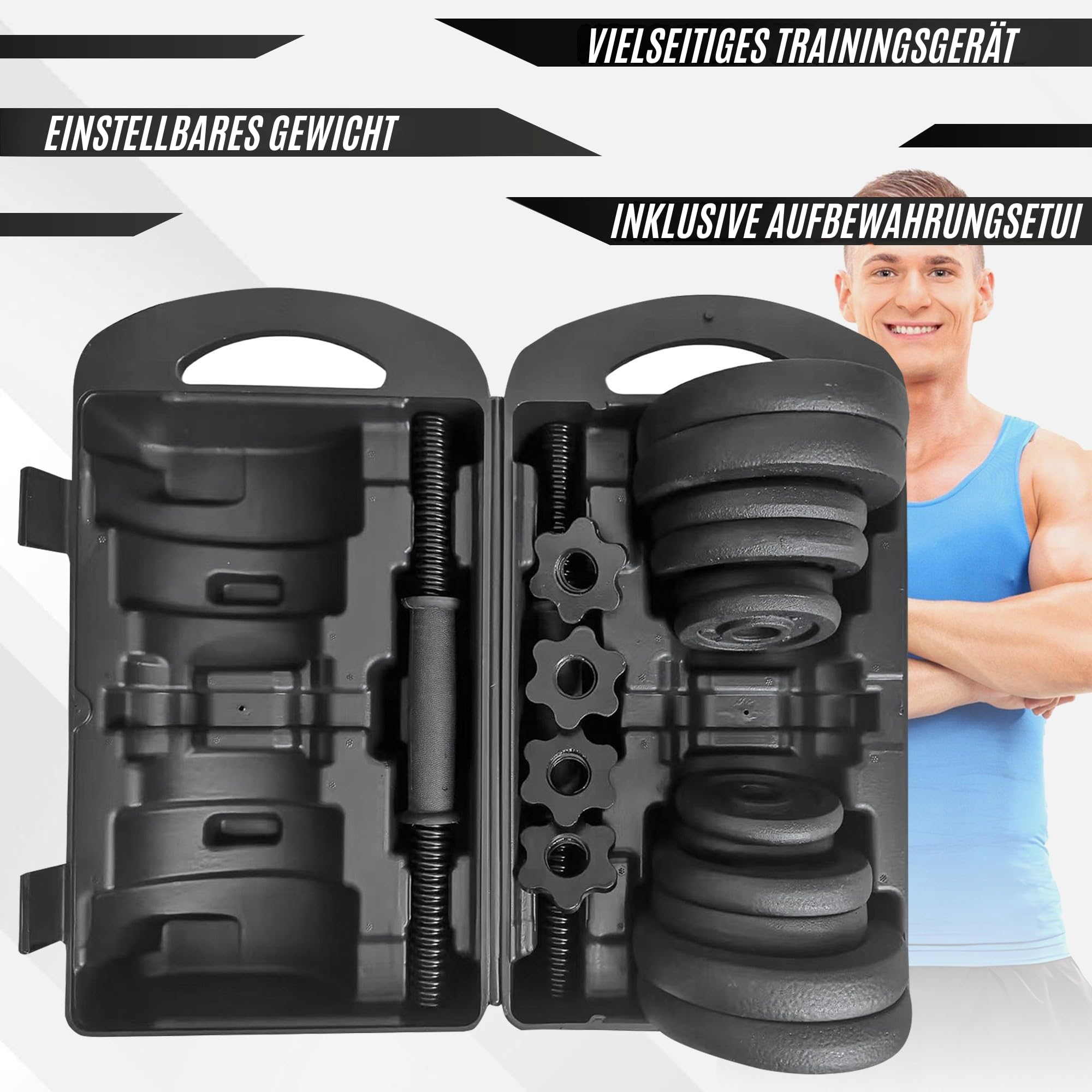 Hanteln Set verstellbar 20 kg, Kurzhanteln aus Gusseisen mit Transportkoffer, Hantelset mit 12 Gewichtsscheiben, Gewichte für Frauen und Männer, Dumbbells für Home Gym, Krafttraining zuhause