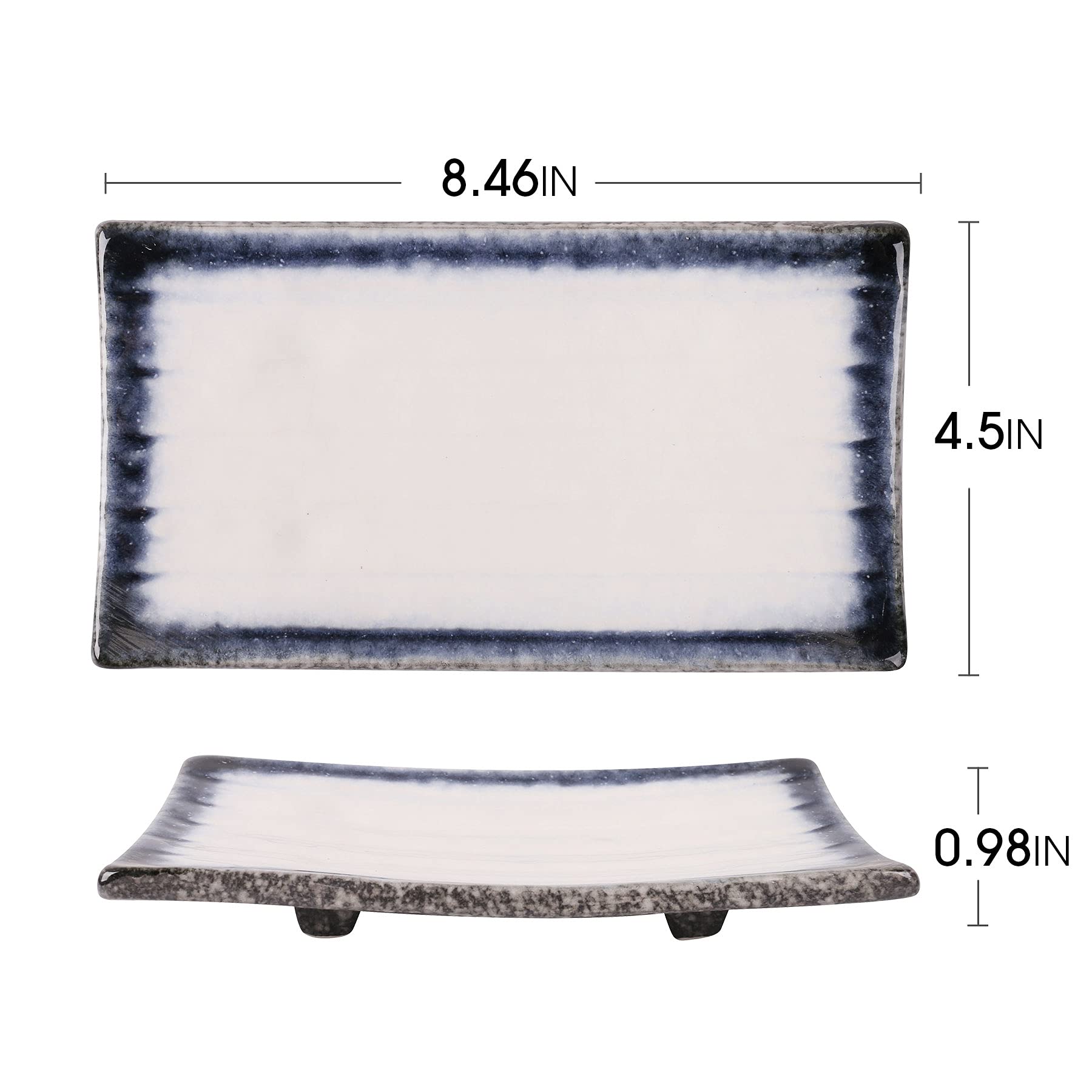 Uaral Juego de platos de sushi, platos rectangulares de cerámica, 4 unidades, plato de gres japonés para restaurante japonés y barra de sushi (azul medianoche y blanco)