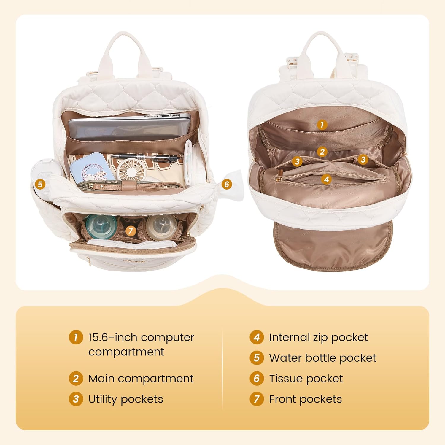 LOVEVOOK Diaper Bag Backpack,Puffer Quilted Baby Diaper Bag with Insulated Pockets,Travel Diaper Backpack for Boys Girls with Changing Pad,Water-Resistant Baby Bag for Mom Dad,Beige