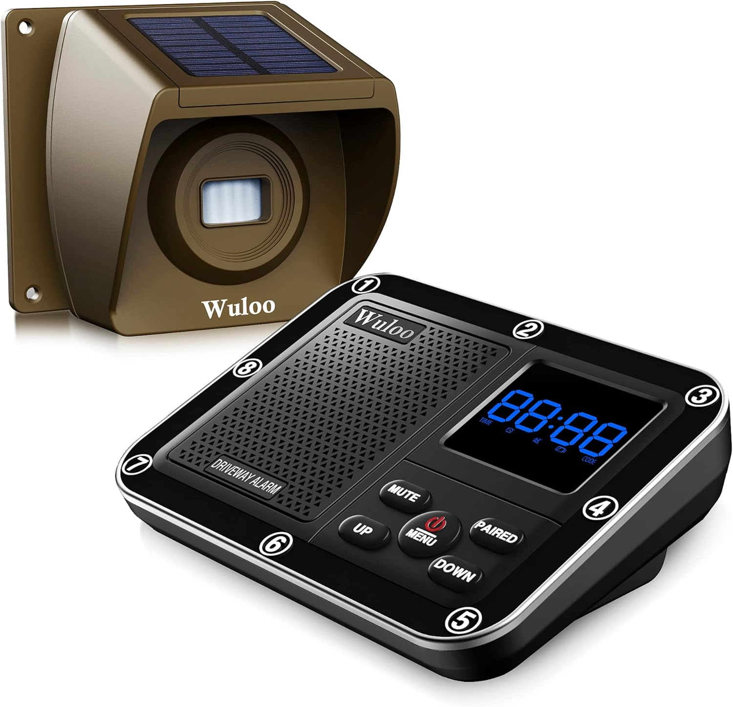 Photo voltaic Driveway Alarm Wi-fi Outdoors 1800ft Vary, Outside Movement Sensor & Detector Driveway Alert System with Rechargeable Battery/Weatherproof/Mute Mode(1&1-Brown)