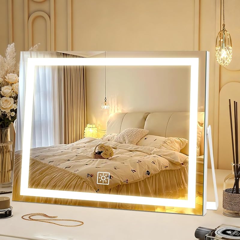 Espelho de maquiagem LED ACOLAR de mesa com moldura metálica branca, 3 cores de luz, controle de toque, rotação de 360°