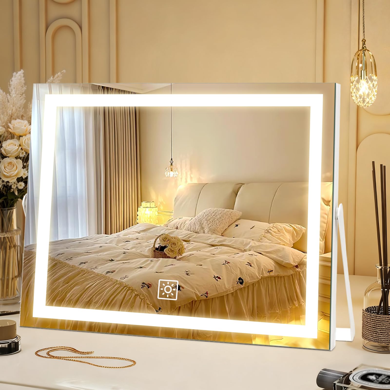 Photo 1 of 14 Inch LED Vanity Makeup Mirror with Lights, Gifts for Mom Mothers Day, Large Metal Frame Lighted Tabletop Mirror with 3 Color Dimmable Touch Control, 360° Rotation