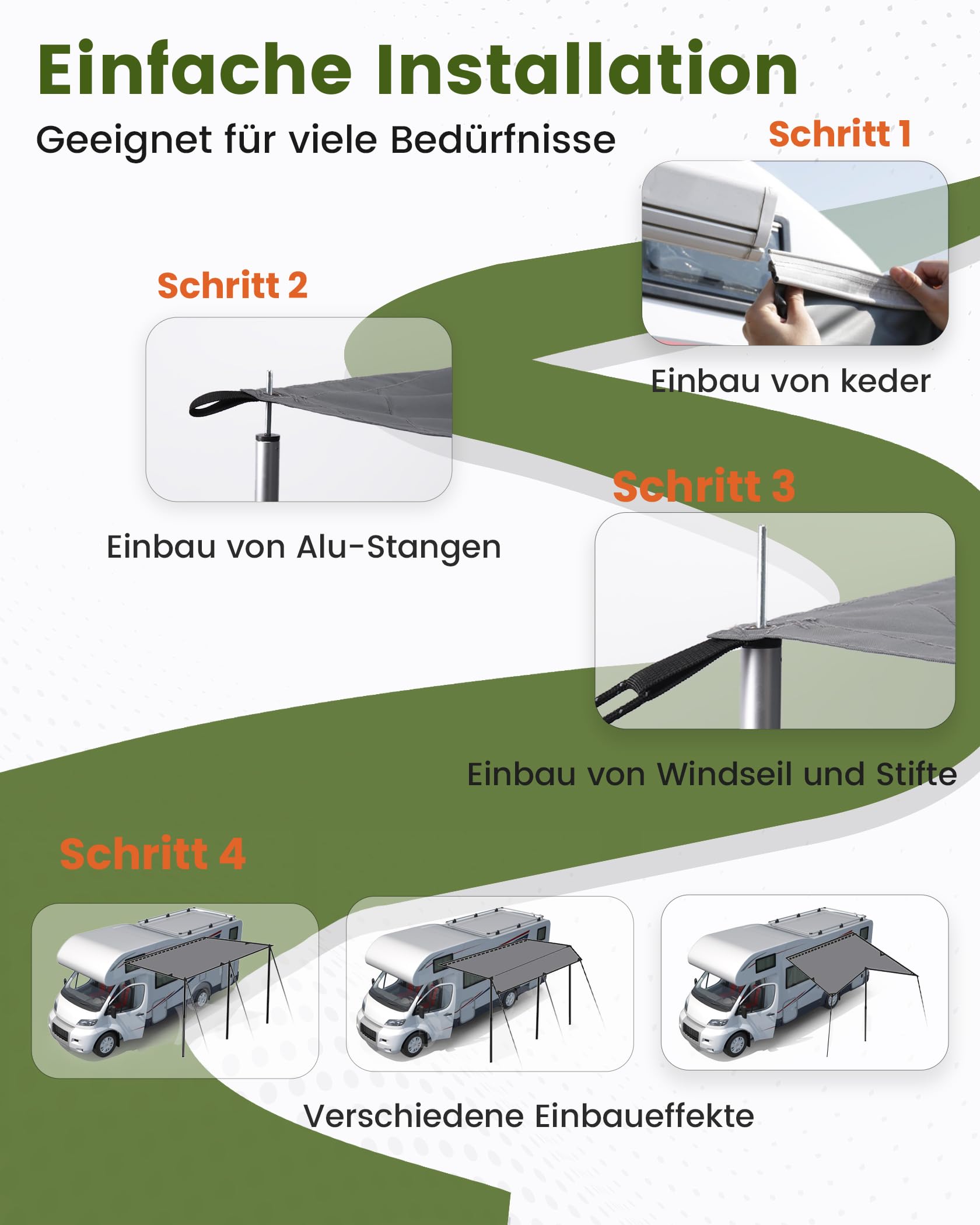 Sonnensegel Wohnwagen 300x240cm Vorzelt Markise für Wohnmobil mit 2 x Keder und 3 x Aluminiumstange, als 5000ml Wasserschutz und 50+ UV Sonnenschutz