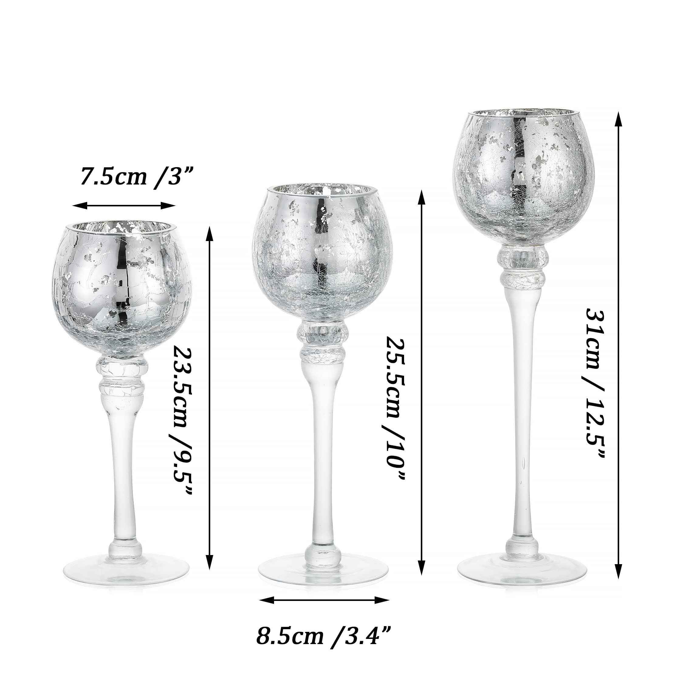 Romadedi Kerzenständer Glas Silber, 3er Set 23.5/25.5/31.5cm | Quecksilberglas für Teelichter und Votivkerzen, Hohe Windlichter für Tisch Wohnzimmer und Hochzeit