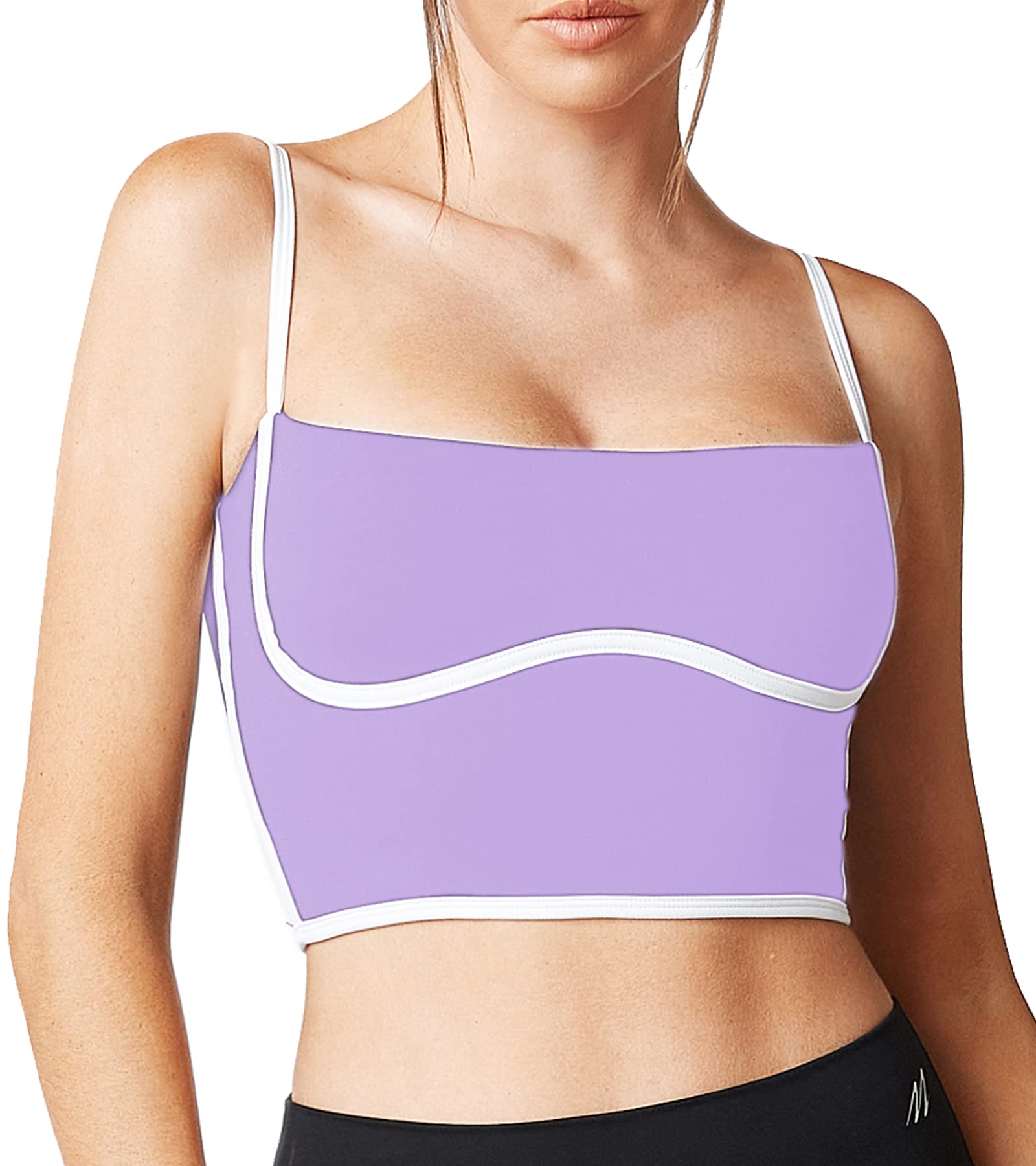 Move With You Sleeveless Spaghetti Strap Padded Sports Bra Tank Tops Square Neck Double Layer Workout Fitness Basic Crop Tops