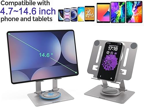 Miniatura 8 de Soporte para tablet para escritorio, soporte ajustable para tableta de escritorio, tableta plegable con base giratoria de 360 grados para iPad Pro