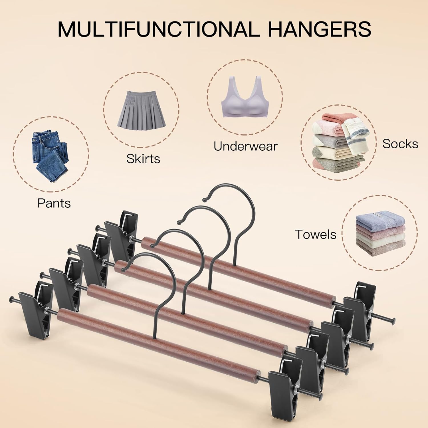 Wooden Pants Hangers with Clips 24 Pack, Heavy Duty Adjustable Clip Non Slip Skirt Hanger for Jeans, Trousers, Short, Clothes, Space Saving Closet Organizer (Black, 24 Pack)