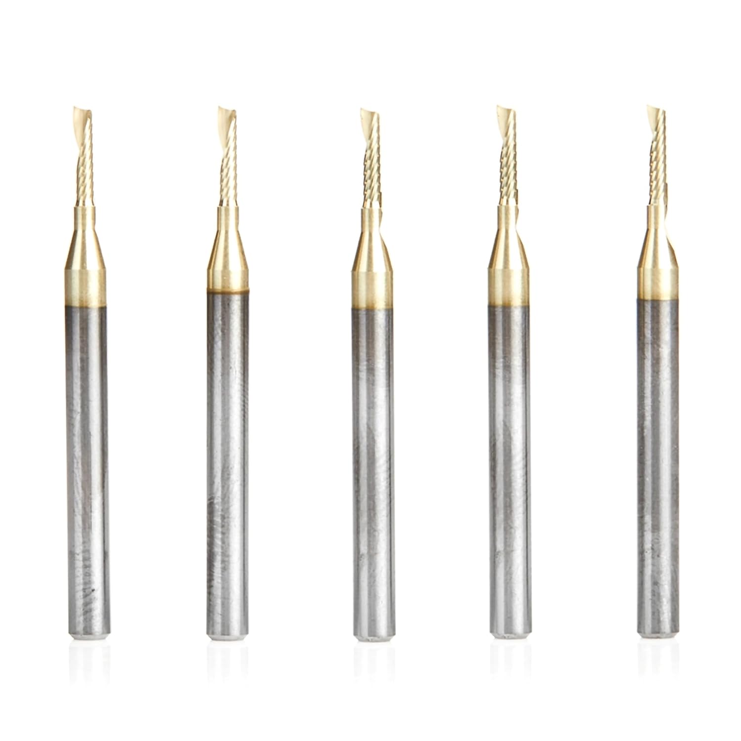 Amana Tool 51470-Z-5 5-Pack CNC SC Spiral O Single Flute Aluminum Cutting 1/16 D x 1/4 CH x 1/8 SHK x 1-1/2 Inch Long Up-Cut ZrN Coated Router Bits with Mirror Finish