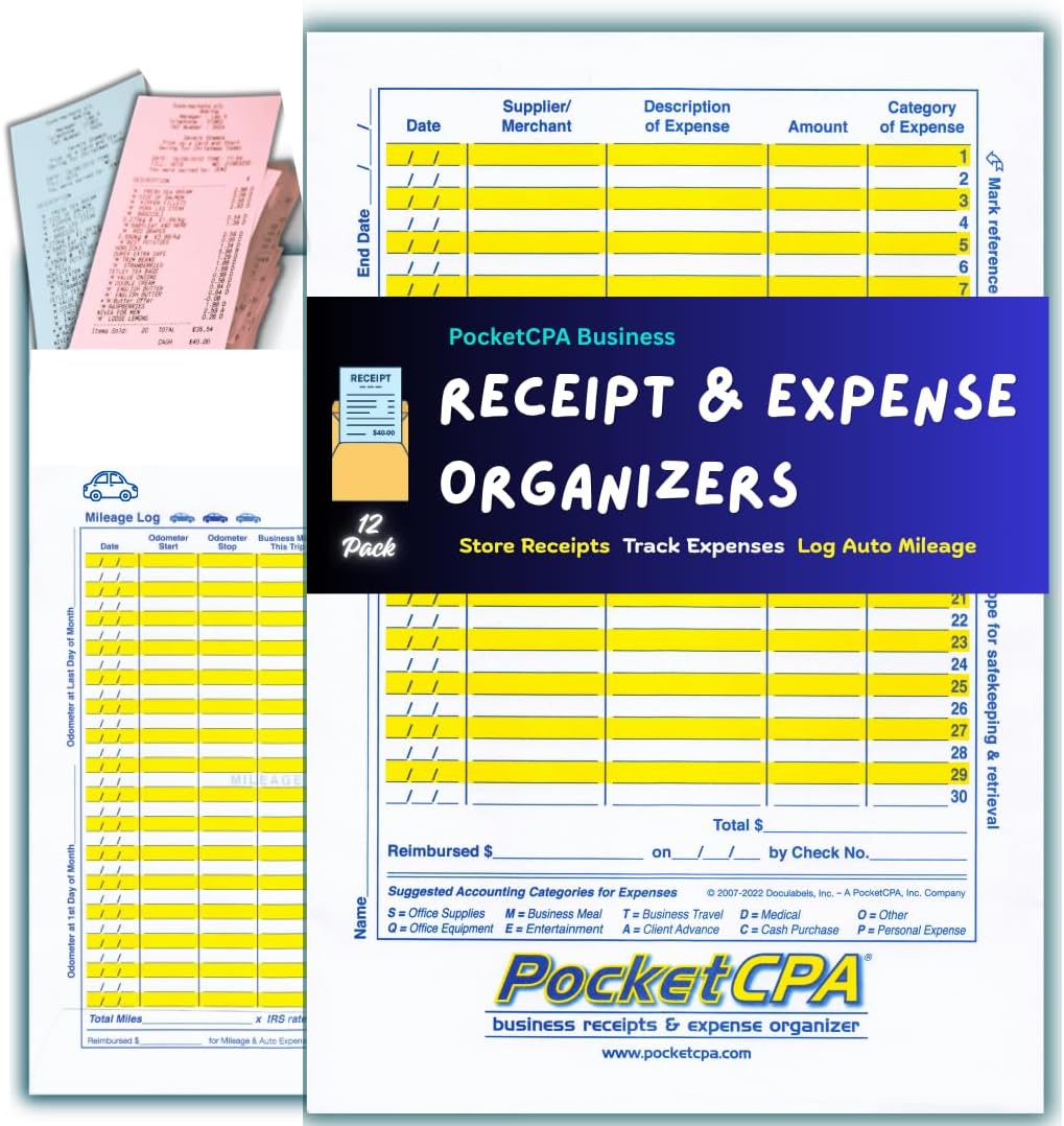 3-in-1 Receipt Organizer Envelopes with Expense & Mileage Logs | 12-Pack | Organize Receipts, Track Business Expenses & Record Auto Mileage | 9.5" x 6.5" | Made in USA.