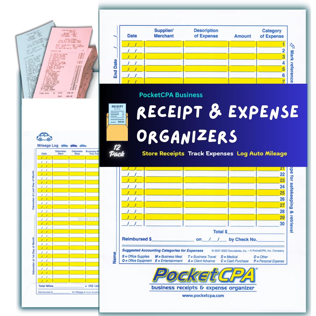 PocketCPA Receipts Organizer & Expense Envelopes (12 Pack) - Store Receipts, Record Expenses & Log Mileage. With a Business Expense Ledger + Receipt Tracking. The easy way to keep & organize receipts.