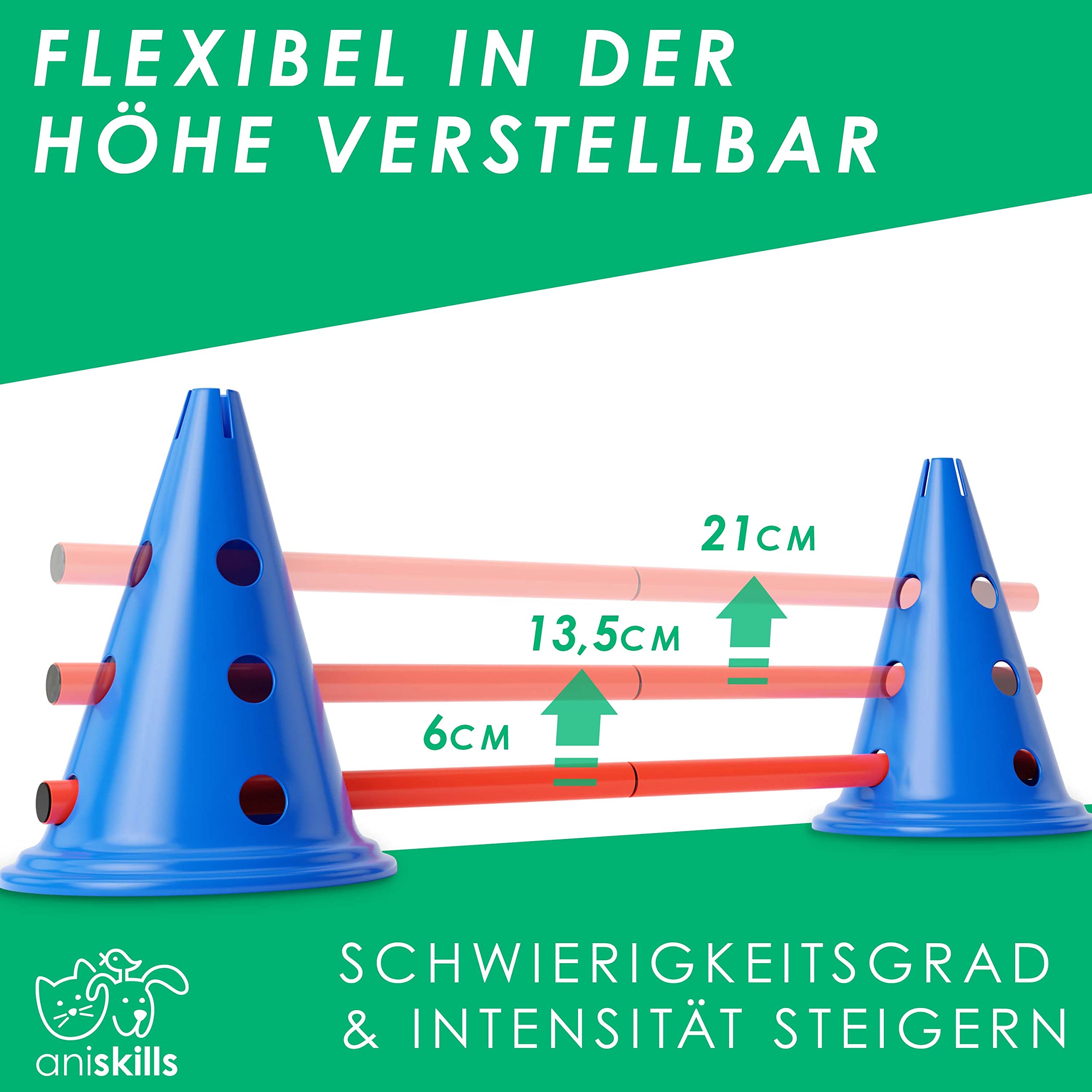 Premium Agility Set - 10 Blaue Kegel 30,5cm hoch, 5 orangene Stangen 80cm lang - Flexibles Koordinationstraining - Hunde Parcour und Hürden Set - Agility Set - deutsches Unternehmen