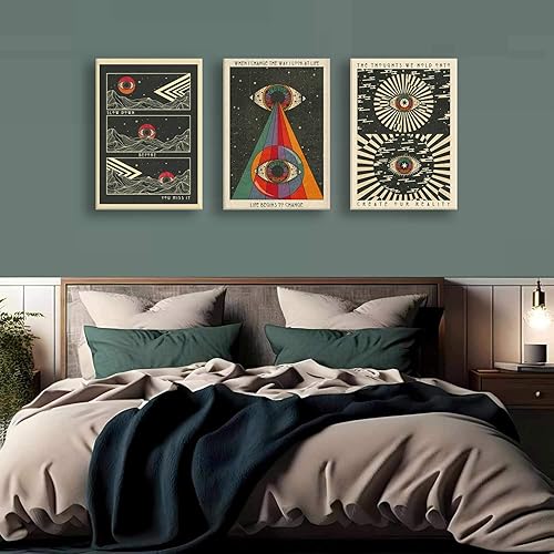 Miniatura 4 de Juego de 3 piezas de arte de pared hippie vintage de los años 70, ojos psicodélicos, impresiones de cuadros bohemios psicodélicos, citas