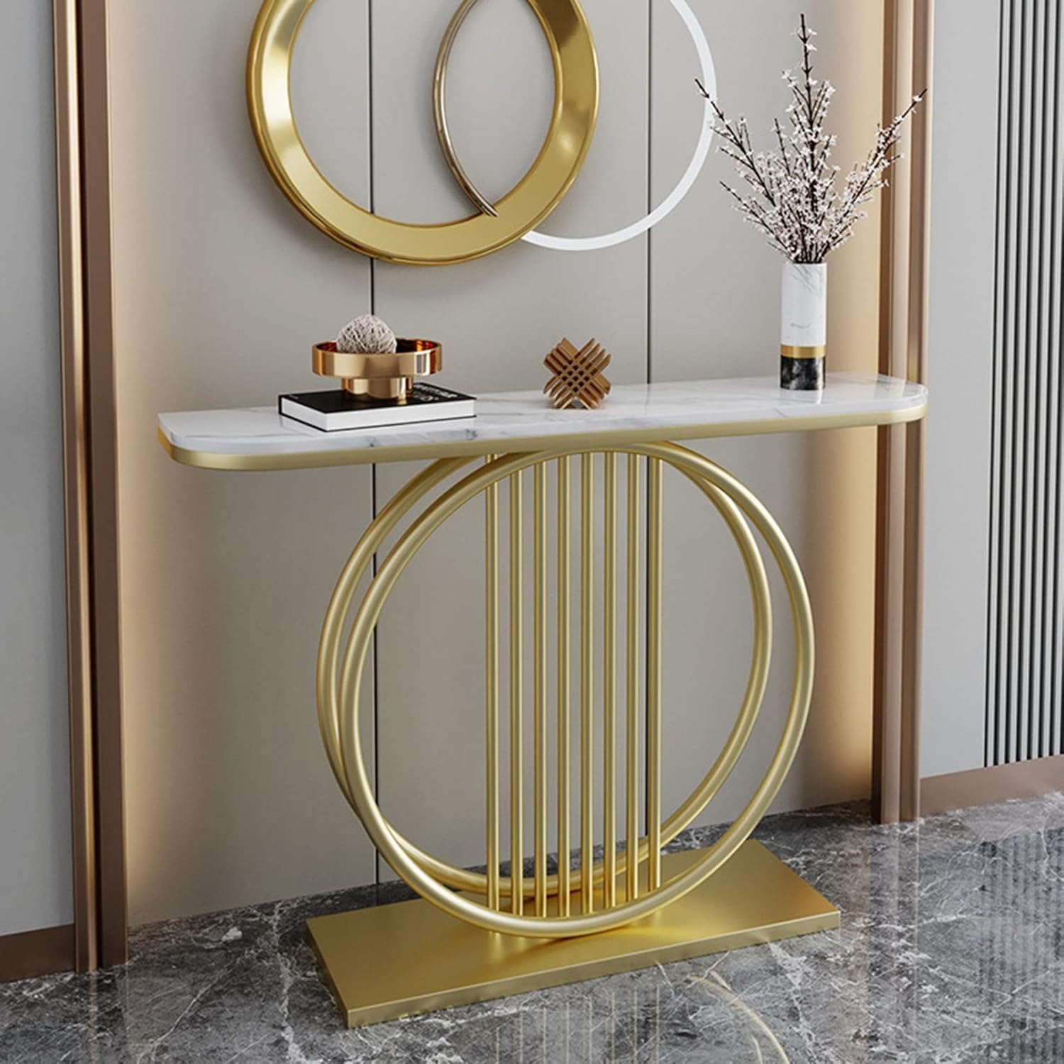 Brown Art SHOPPEE Luxury Living Room Modern Slate Console Table Hallway Narrow Side Table Entrance Coffee Table Home Furniture Coffee Console Tables for Living Room & Corridor Hallway (Gold & White)-image-38