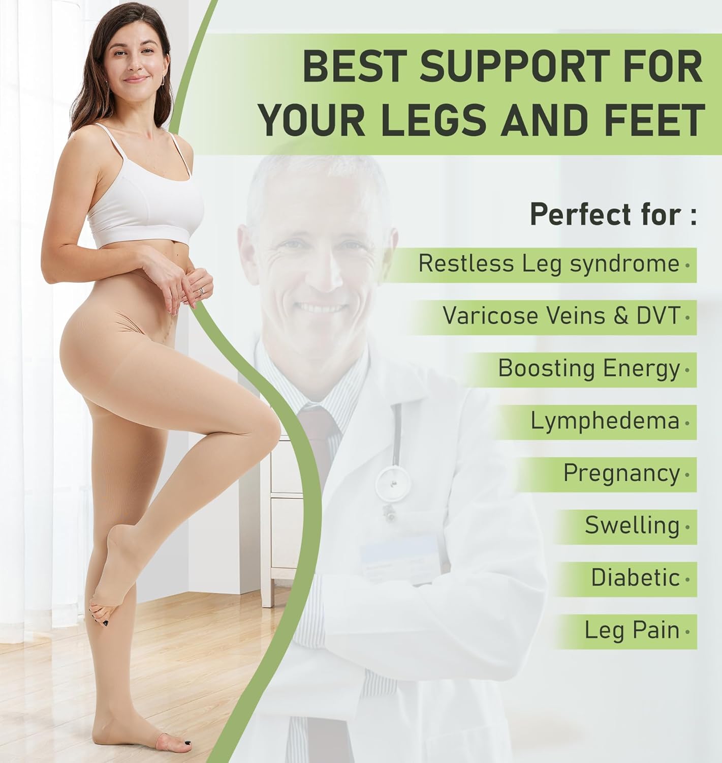 KEKING Medical Compression Pantyhose for Women & Men, Comfort 20-30 mmHg Graduated Compression Support Stockings, Open Toe Compression Tights for Varicose Veins, Edema, Flight, Beige M - Image 6