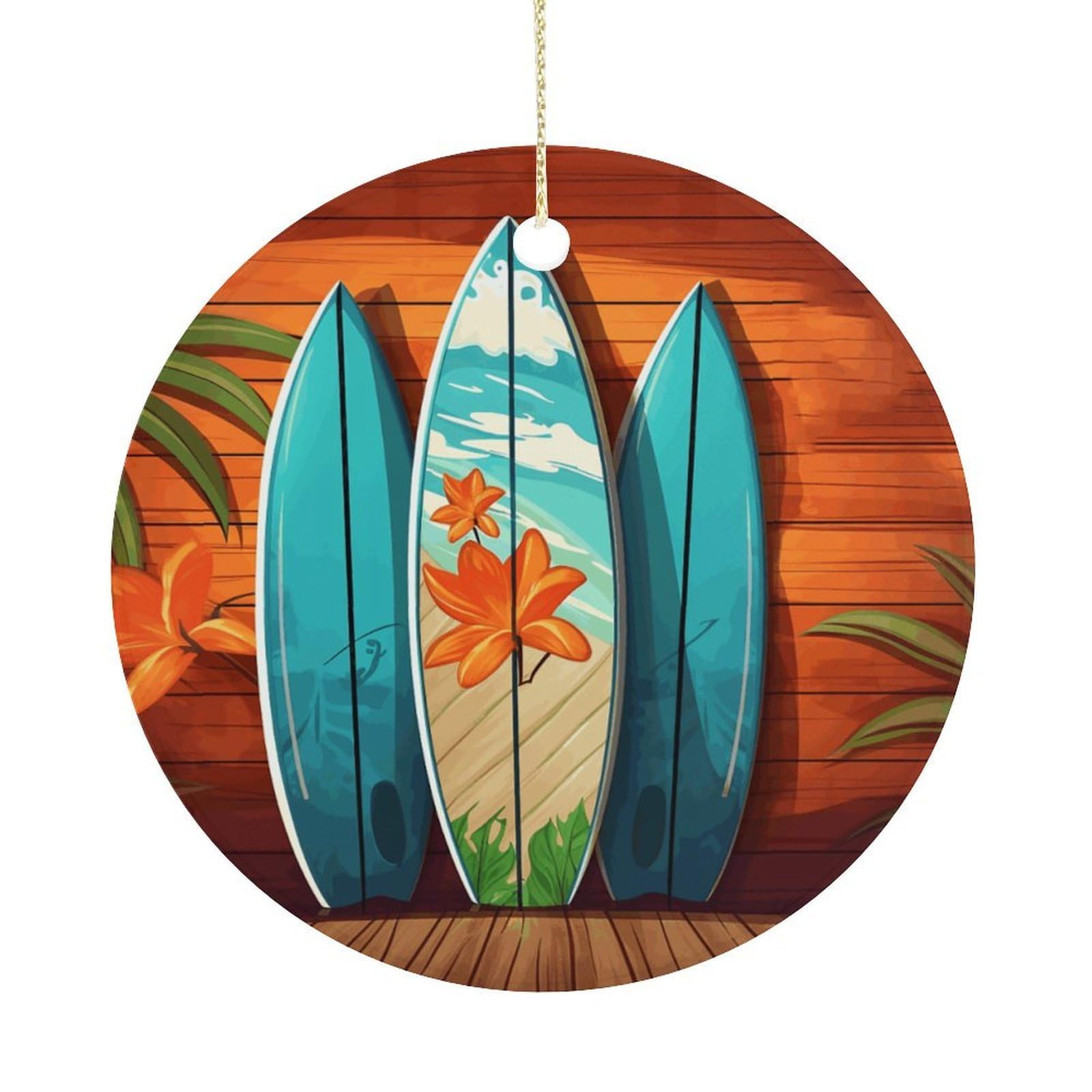 Surfboard on Wooden Christmas Ornament,Round Ceramic Ornaments Personalized Christmas Tree Ornament for Holiday Porcelain Keepsake Gifts Ideas Home Decor