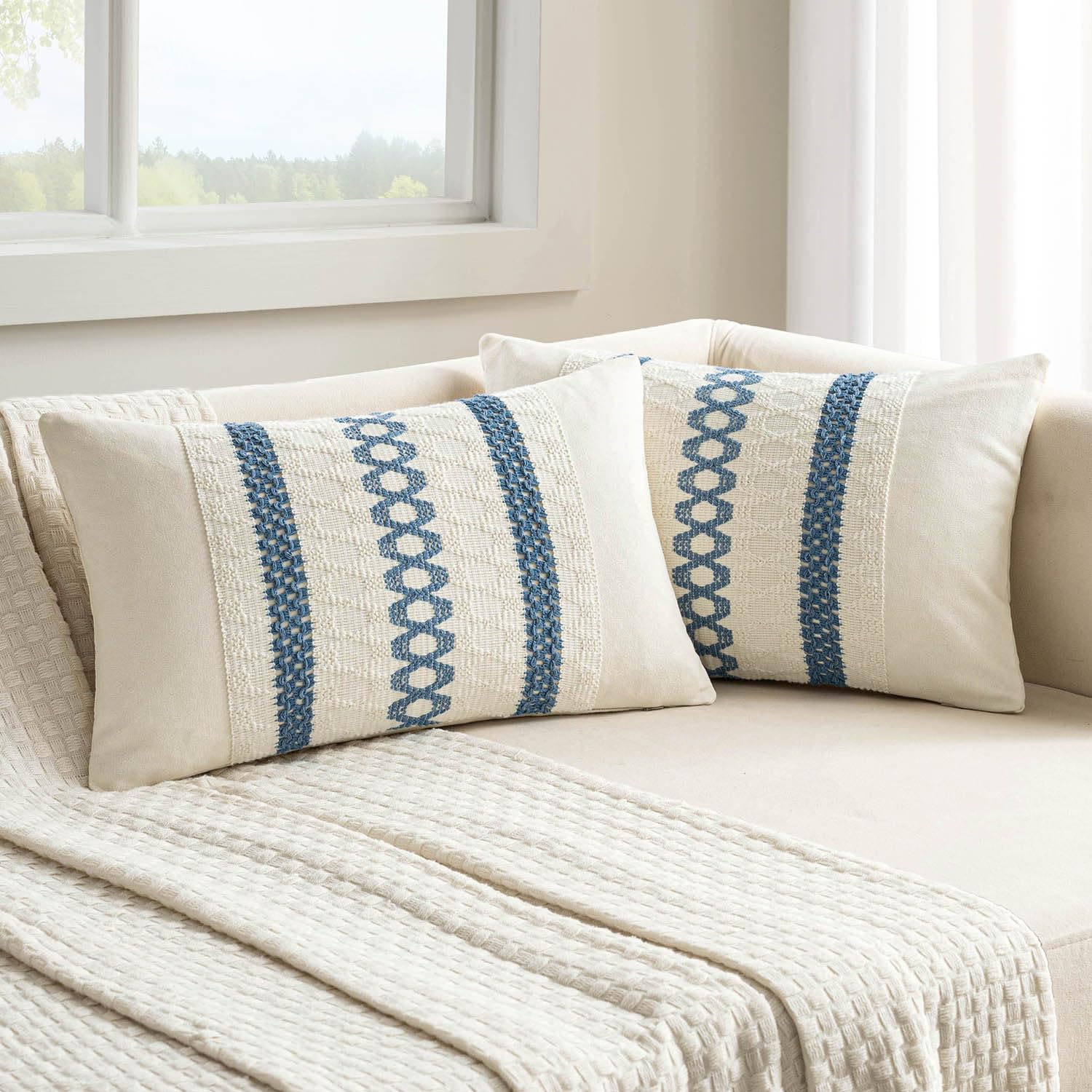 MIULEE Set of 2 Blue Boho Decorative Lumbar Pillow Covers 12x20 Inch