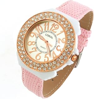 Qtqgoitem Pink Faux Leather Wrist with Crystal Style Watchcase Quartz Watch (Model: 63a eef 6e3 728 787)