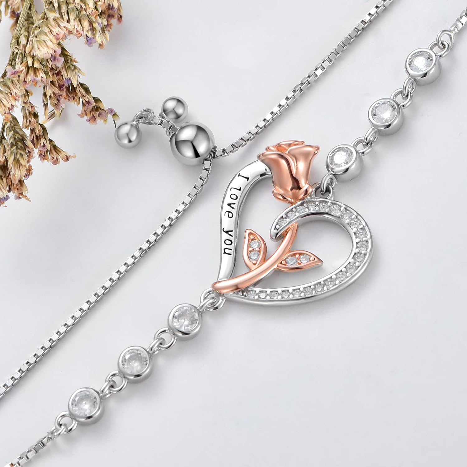 Rose Flower Heart Bracelet for Women 925 Sterling Silver Rose Flower Birthstone Bracelet Jewelry Gifts for Women - Image 5