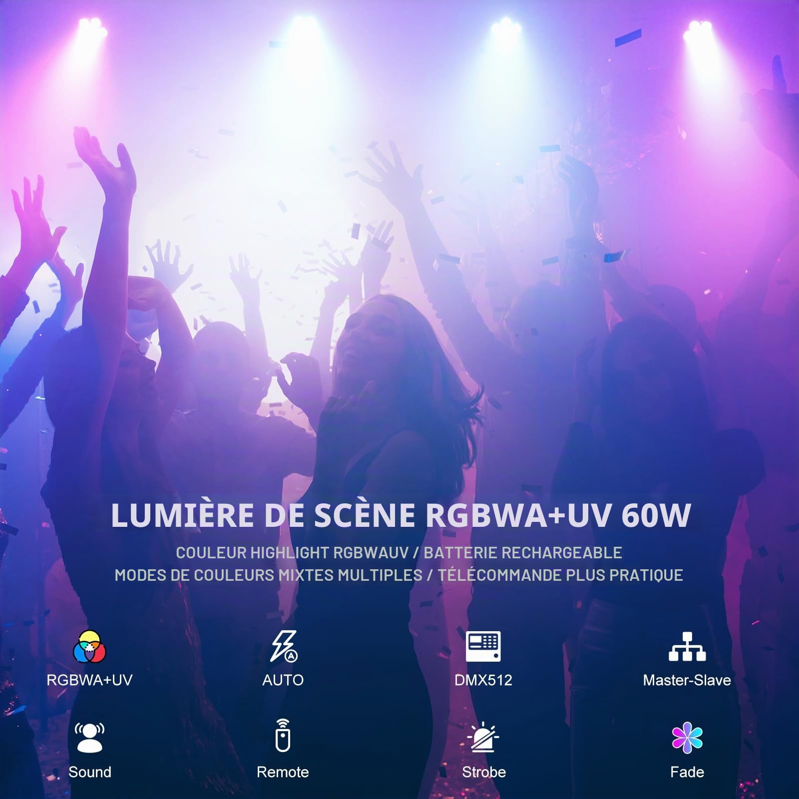 Projecteur LED Rechargeable 60 W, 6 LED RGBWAUV, Éclairage de Scène avec Télécommande et DMX512, Lumière de Fête pour DJ, Discothèque, Live, Mariage, Intérieur, Extérieur, Salle d'Exposition