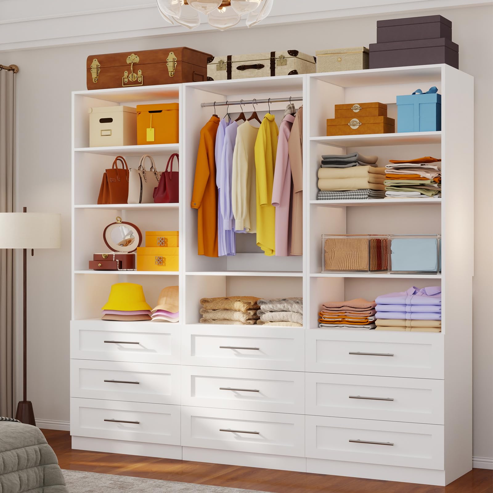 Closet System with 9 Drawers, 6–15.78FT Custom Closet Organizer System with 9 Shelves, 4 Expandable Hanging Rods, Walk in Modular Closet System, Heavy Duty Built-in Closet, 3 Sets