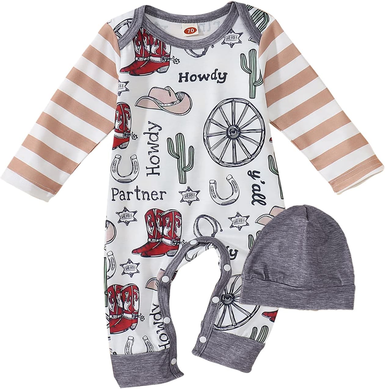 BOUTIKOME Infant Baby Boy Outfit Retro Cowboy Partner Howdy Graphic Rompers Newborn Onesie Jumpsuit Hat 2Pcs Set