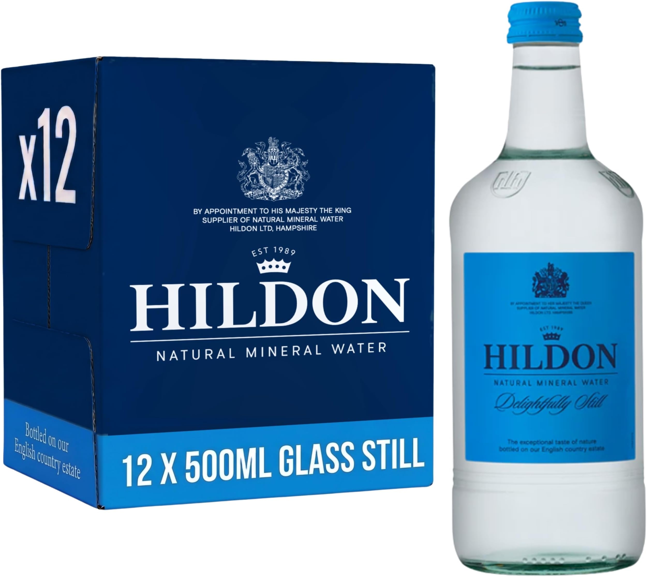 Hildon Natural Mineral Water 12 x 500ml Glass bottles - Delightfully Still - Sourced from a natural aquifer nestled on our Chalk Valley estate - Low Sodium, Naturally Alkaline, Kings Royal Warrant