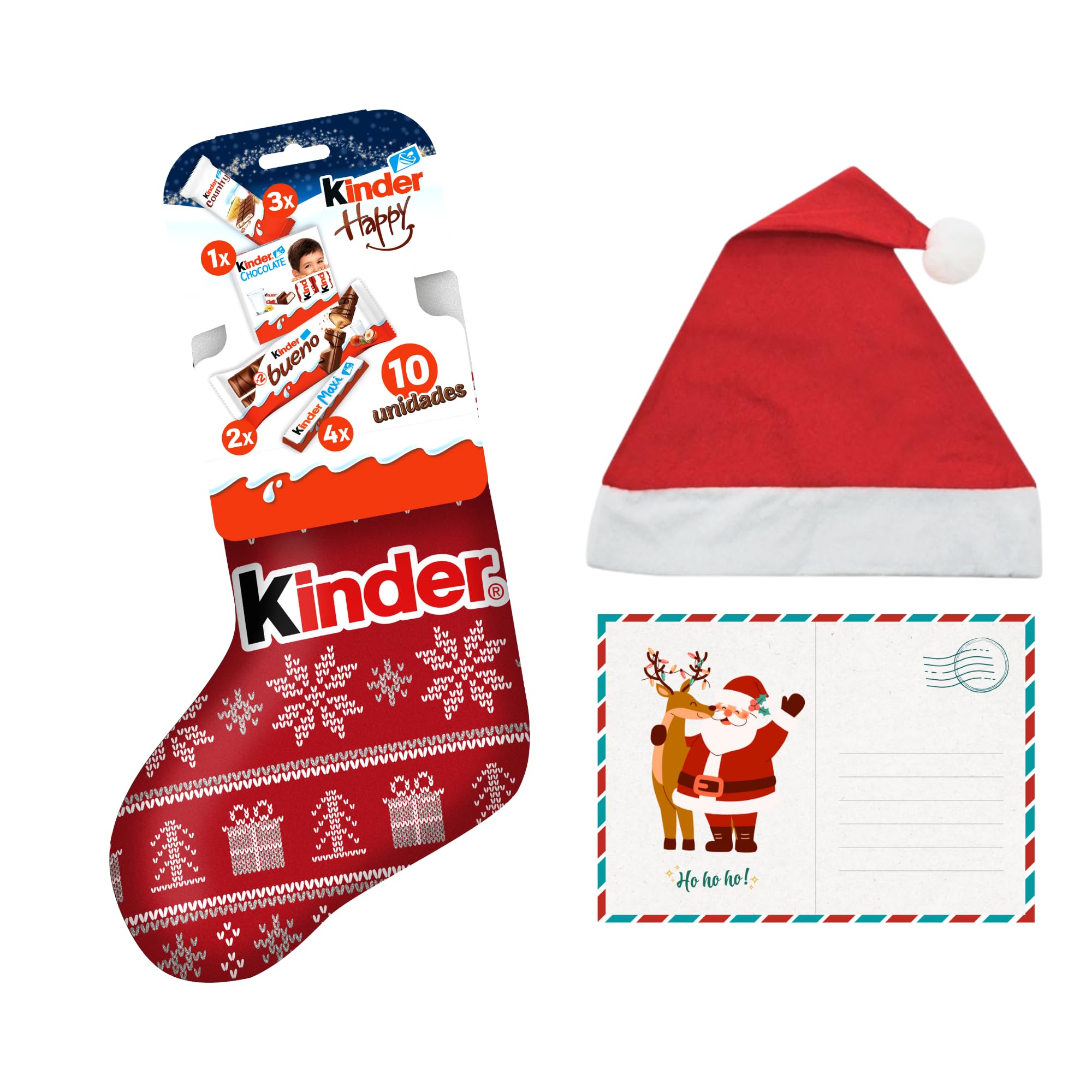 Pack Kinder Happy Snack Calcetín con Chocolates + Postal Navideña + Gorro de Papá Noel, Edición especial de Navidad, Ideal para regalar