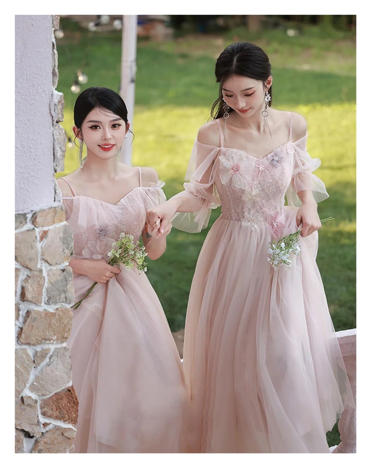 Robe de demoiselle d'honneur rose, 4 Styles, élégante, en Tulle fin, épaules dénudées, avec des Appliques de fleurs, ligne a, robe d'invité de fête de mariage Pour Mariage CéRéMonie(PINK Mid D,6)