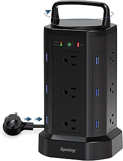Power Strip Tower, SUPERDANNY Handle Cord Retracting, 2100J Surge Protector, 12 Widely Spaced AC Outlets 6 USBs Charger Station, 6.5ft Extension Cord, for Home, Office, Dorm, Garage, Workbench, Black
