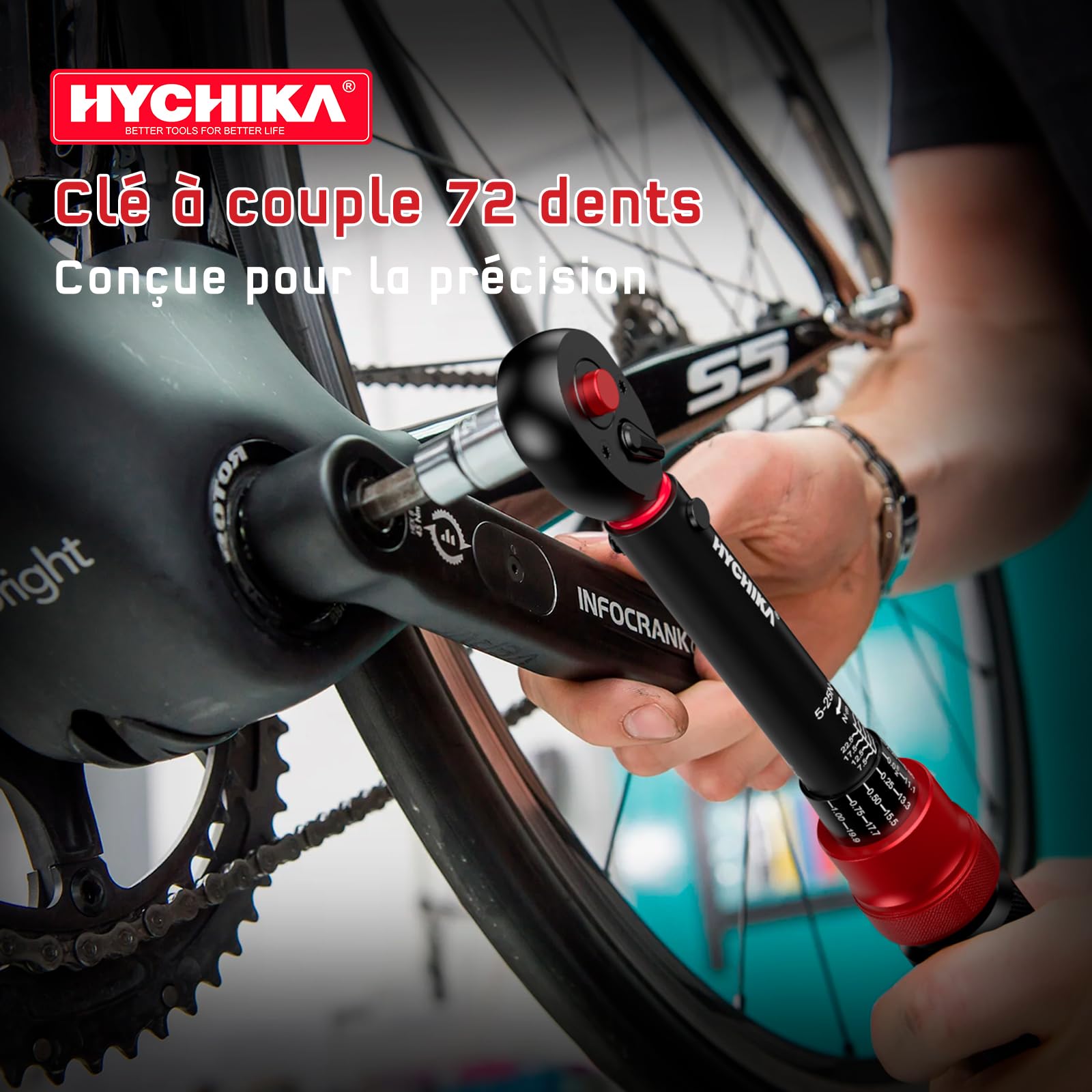 HYCHIKA Kit de 13 Clés Dynamométriques 1/4" 5-25Nm, Précision ±2%, Set Clé Dynamométrique Velo 72 Dents avec Prolongateur, Embouts et Boîtier de Rangement