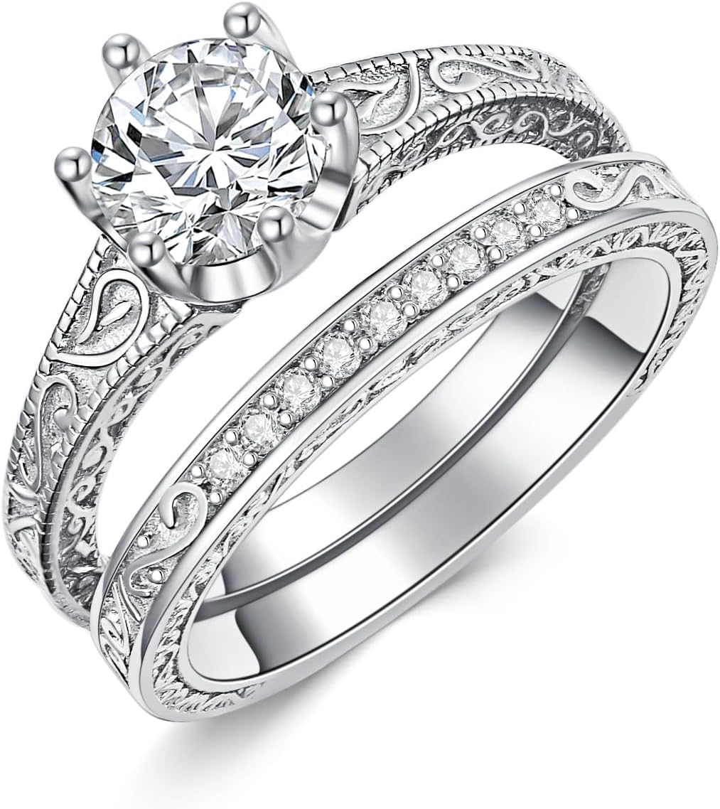 1-3 Carat Round Cut Moissanite Bridal Set Wedding Ring Engagement Ring for Women 0.072 Carat Lab Grown Diamond 925 Sterling Silver/10K/14K/18K Real Gold Custom Wedding Ring Engagement Ring Set Jewelry （D Color, VVS Clarity）