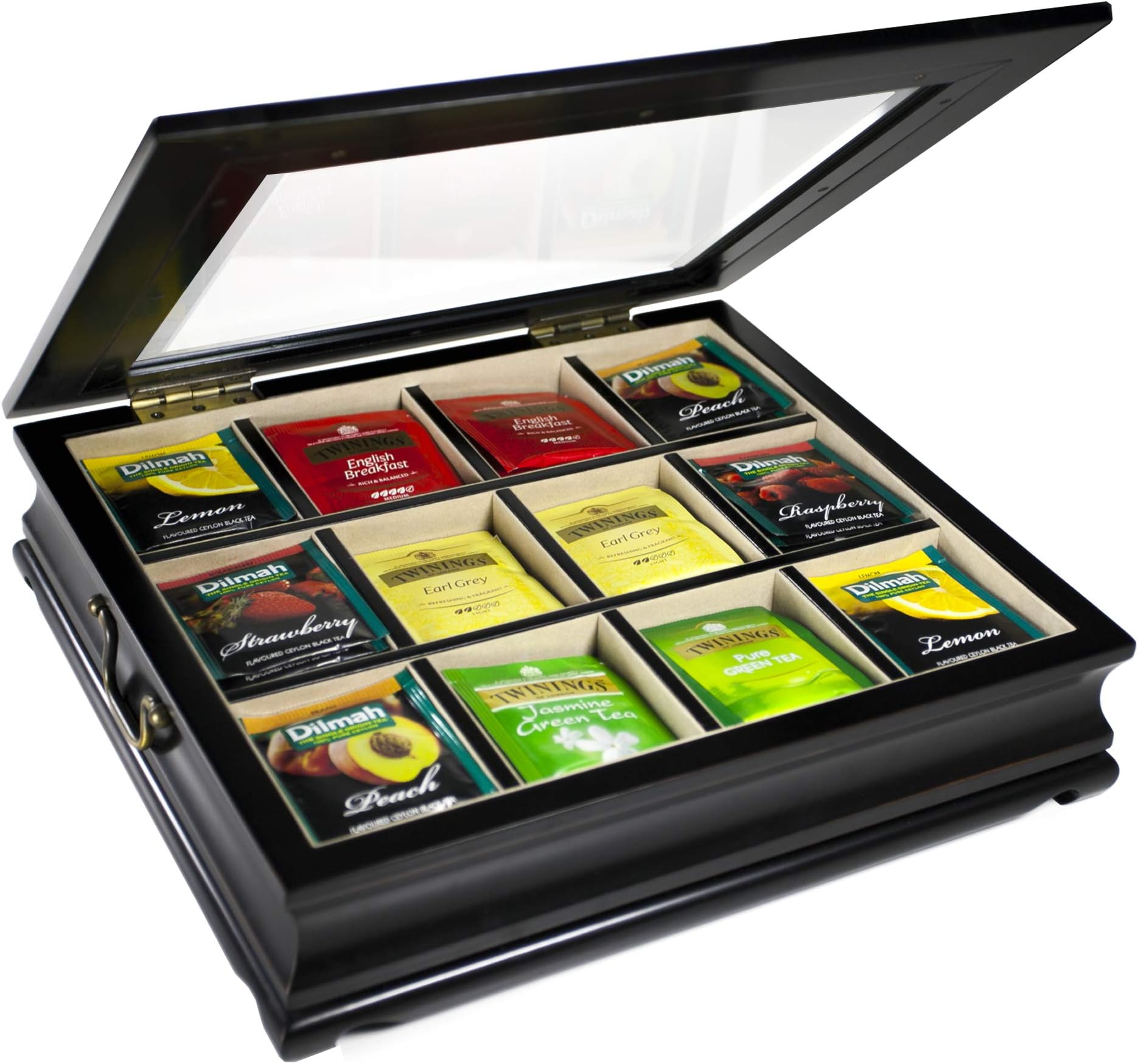 Tea Chest Large Storage Tea Bag Box Wooden with Beveled Glass Window 12 Compartments by ChezMonett