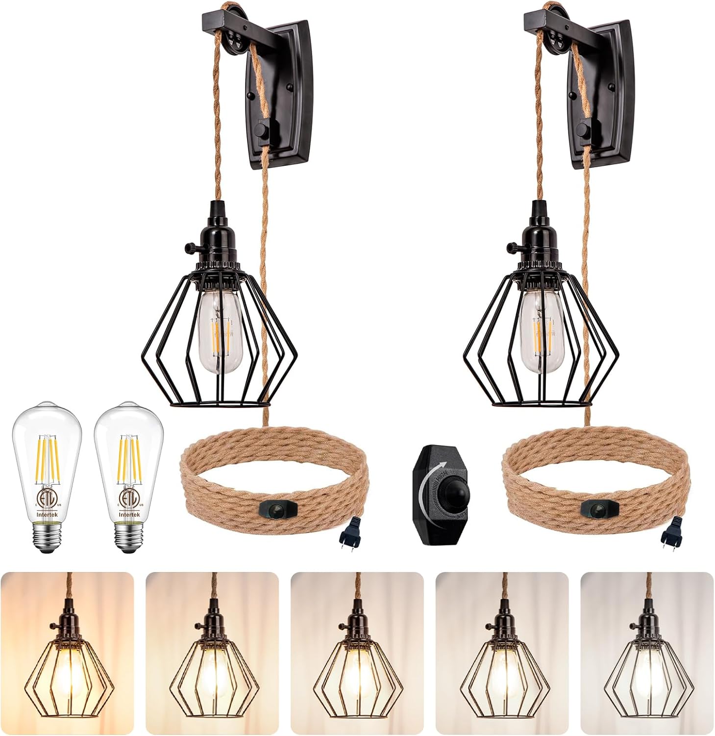 ALAISLYC 2 Pack 13FT Dimmable Plug in Wall Light Dimmable Rope Cage ...