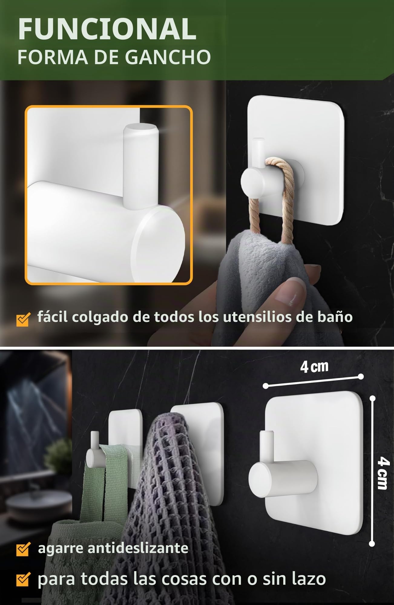 4smile ganchos adhesivos para pared - 6 piezas, Inoxidable - colgador toalla baño - toalleros sin taladro autoadhesivos resistentes, perchas para baño cocina, Blanco