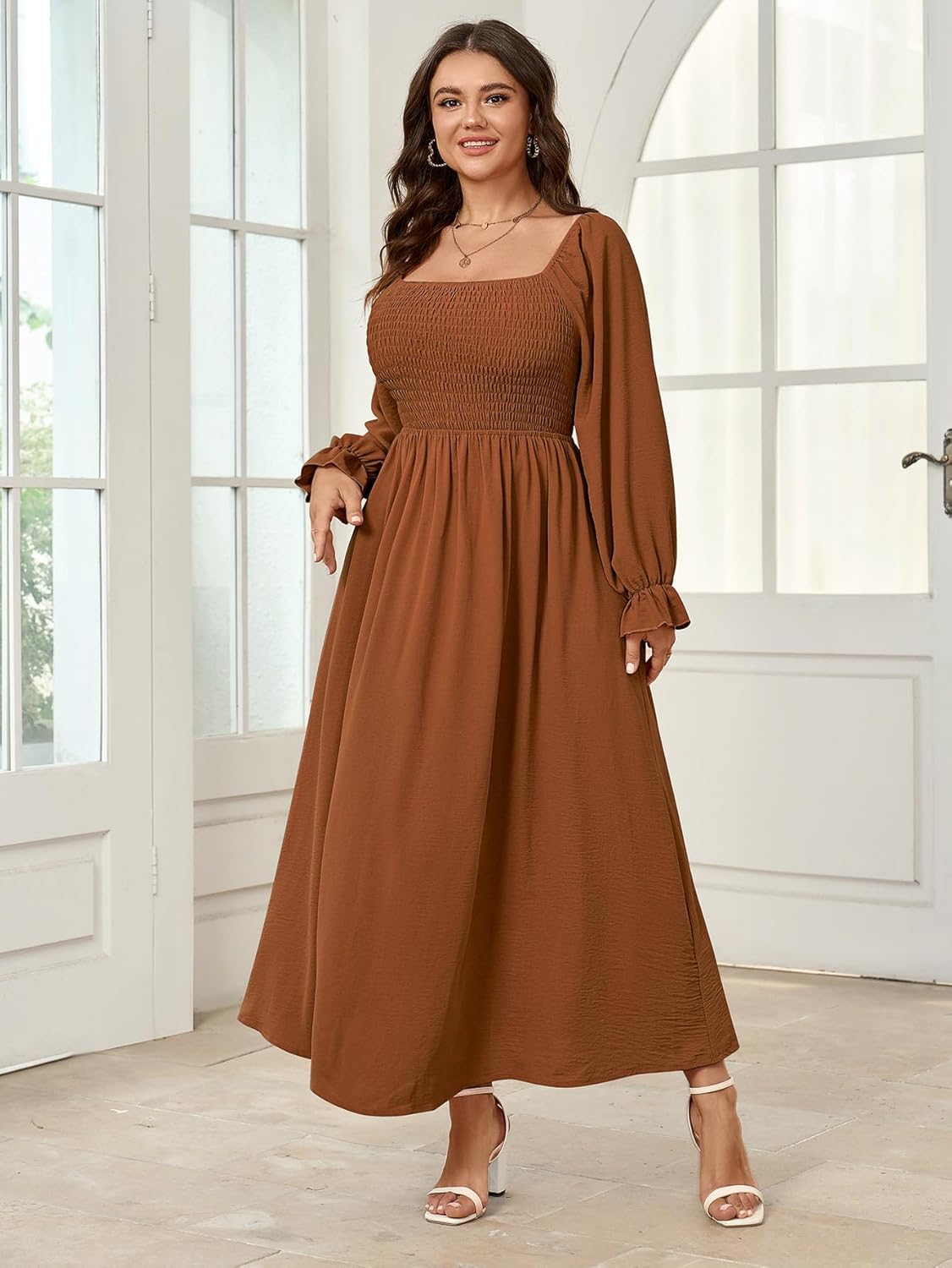 Women's Plus Size Maxi Dress Long Sleeve Square Neck Smocked Flowy A-Line Boho Wedding Party Maxi Dress - Image 6