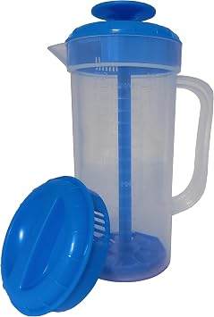 JBK Pottery Salad Dressing Mixer, 1 Quart Capacity, Plastic Blender with Measurements, Includes Mixing Lid & Normal Lid, Emulsifies Homemade Ranch, Vinaigrettes, Italian Dressings & More Blue