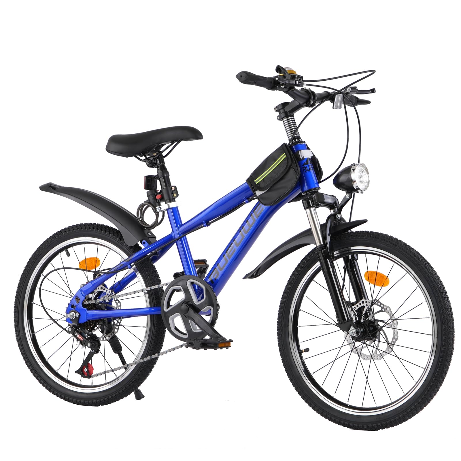Bueuwe 20/24 Inch Mountain Bike for 7-13 Years Old,Boys Girls Bicycle with Dual Disc Brakes, Adjustable Seat, Fenders, Kickstand, Reflectors & Frame Bag,Blue,24inch