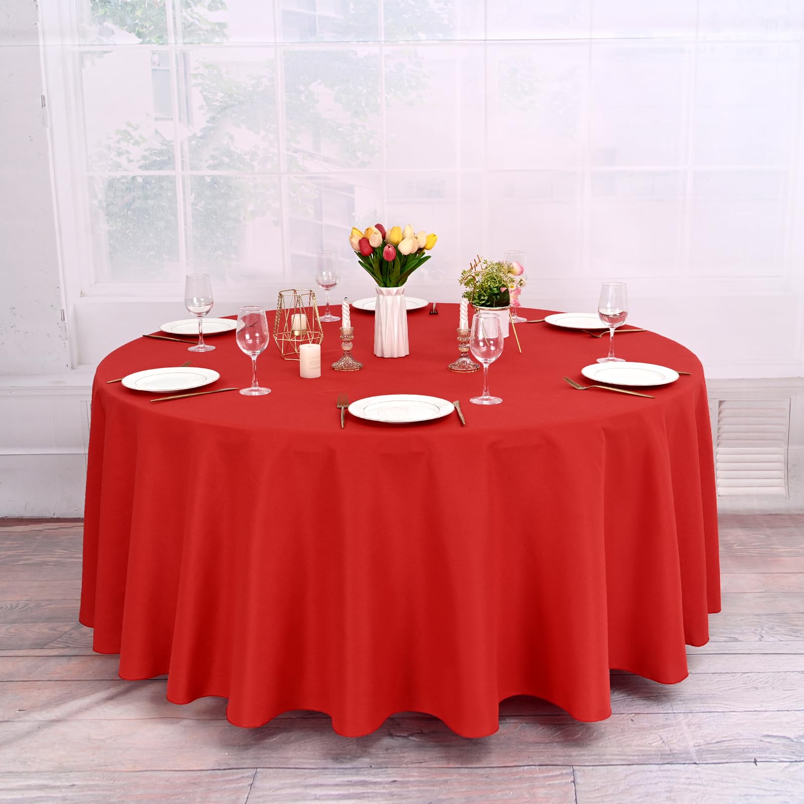 12 Pack Red Round Tablecloth 120 Inch Circle Polyester Table Cloth, Washable Fabric Stain and Wrinkle Resistant Table Cover Round Table Clothes for Wedding Parties Banquet Reception Dining