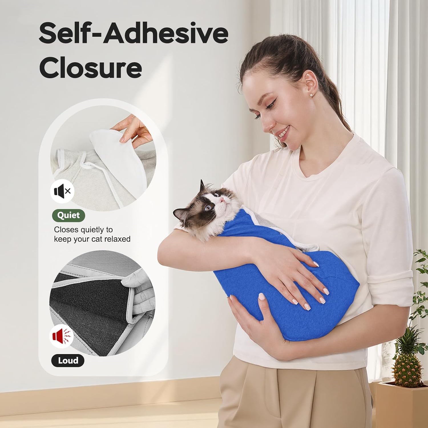 Cat Wrap for Cutting Nails, Self-Adhesive Cat Nail Clipping Restraint Bag, Anti-Scratch Cat Grooming Wrap Swaddle for Meds, SubQ Fluids, Ear Cleaning, Teeth Brushing & Vet Visits,Blue,M