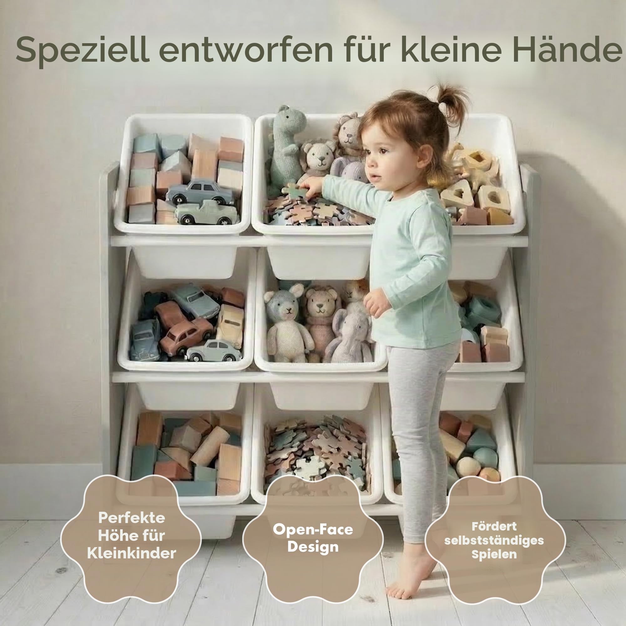 Humble Crew Kinderregal – Spielzeugregal mit 9 Aufbewahrungsboxen, Aufbewahrungsregal für Kinderzimmer, Grau/Weiß