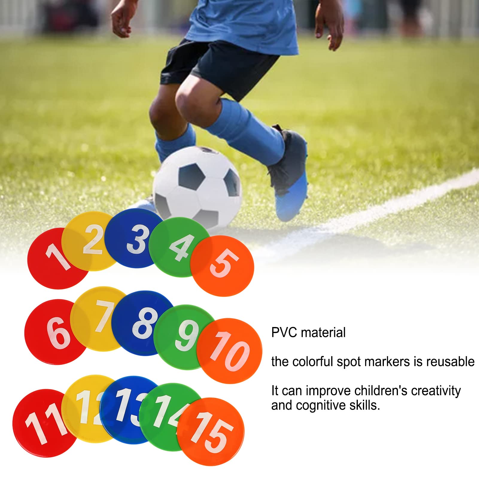 Indicatori di Punti a Cono Piatto Antiscivolo, da 1 a 15 Indicatori di Punti Numerati, Punti da Pavimento Coni Piatti Punti di agilità con 5 Colori Vivaci per Allenamenti di Calcio